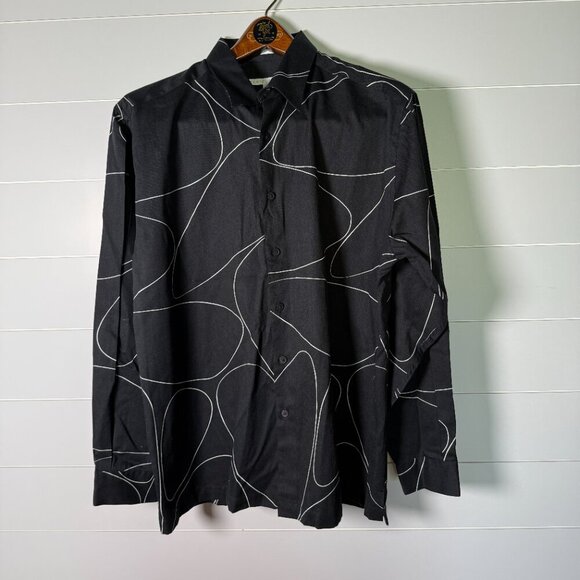 Perry Ellis Abstract Black & White Swirls Cotton Blend Button-Down Shirt Mens L - Picture 1 of 7